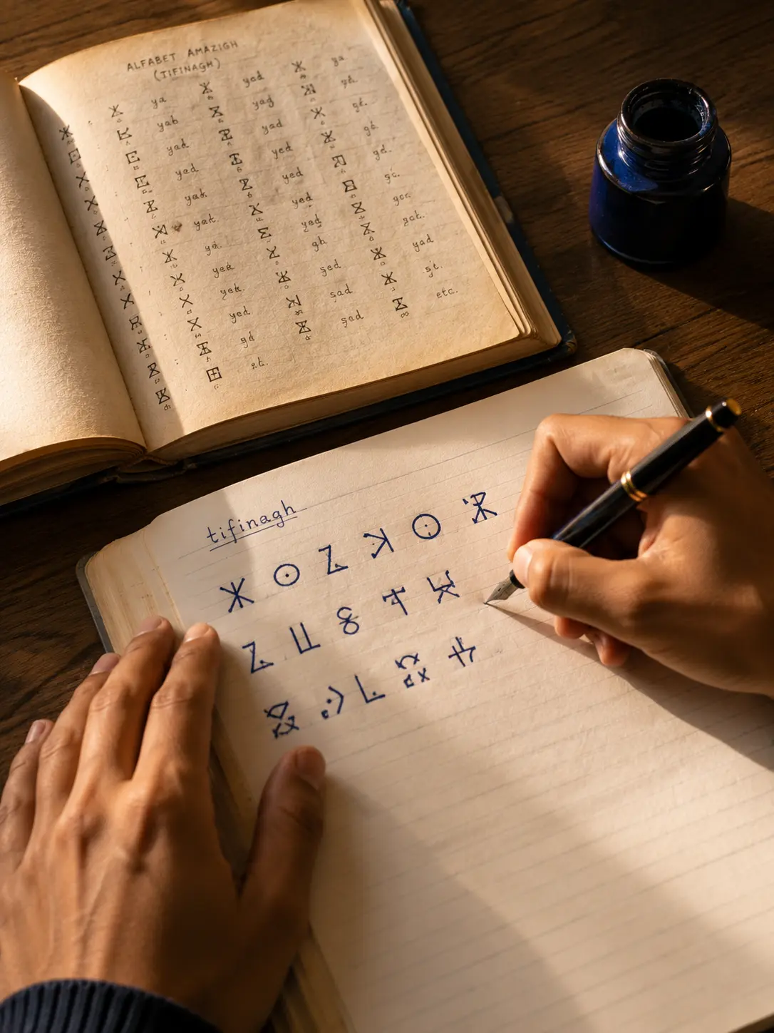Handen die Tifinagh-letters schrijven naast een oud alfabetboek