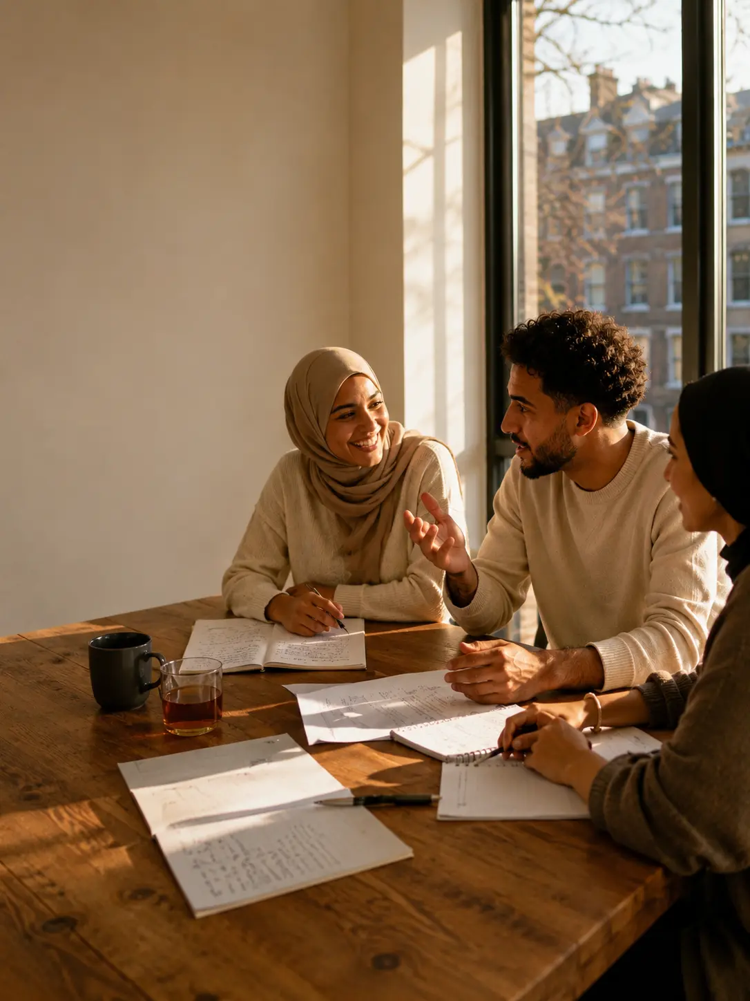 Cursisten in gesprek rond een tafel met muntthee en schriften