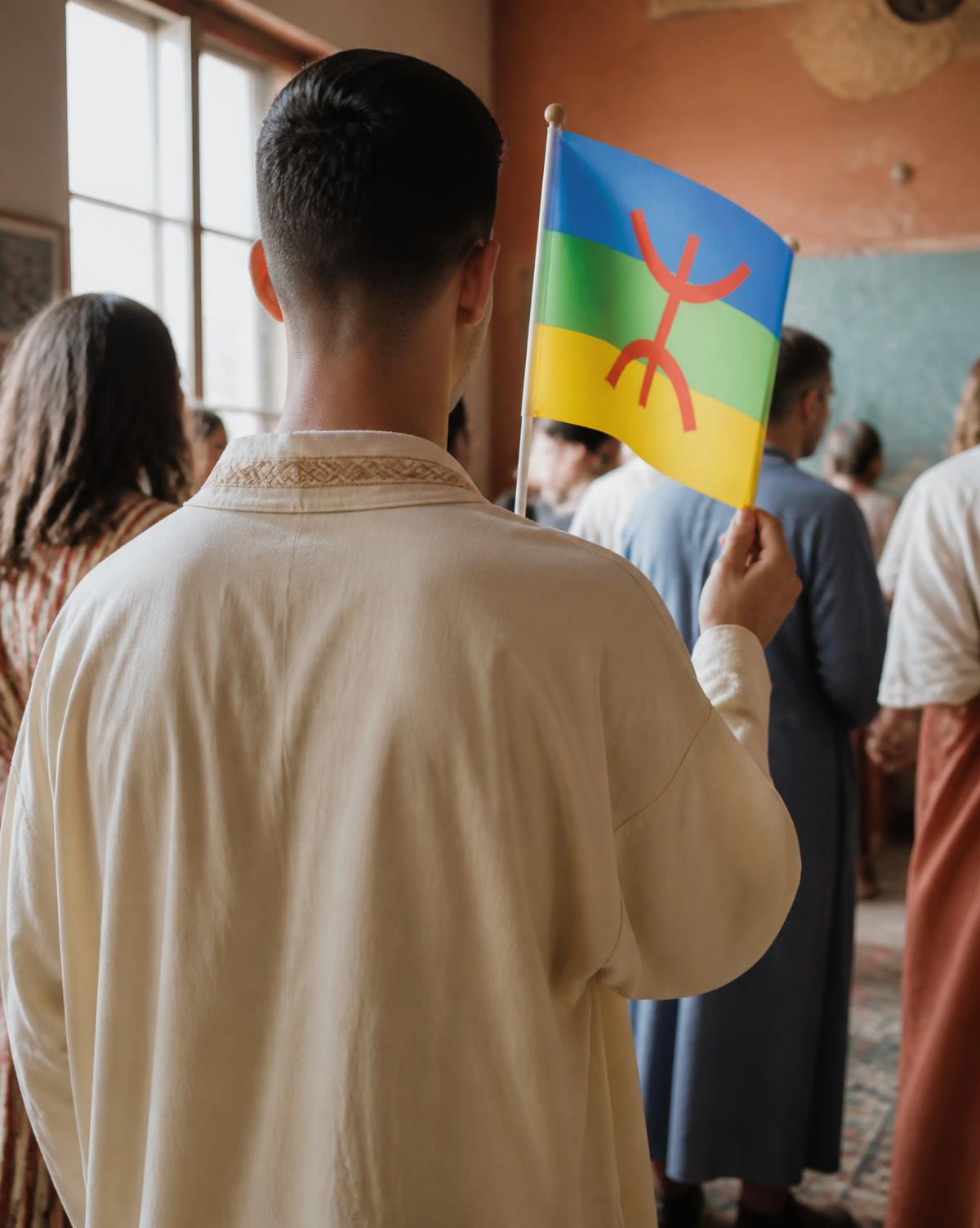 Man met een kleine Amazigh-vlag tussen mensen in een warm interieur