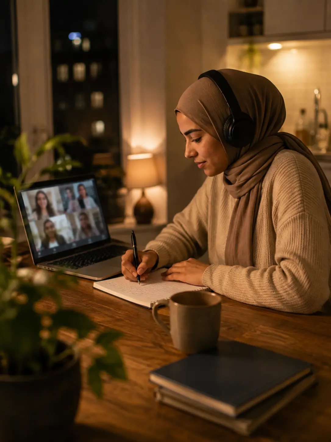 Cursist volgt een avondles via de laptop en maakt aantekeningen