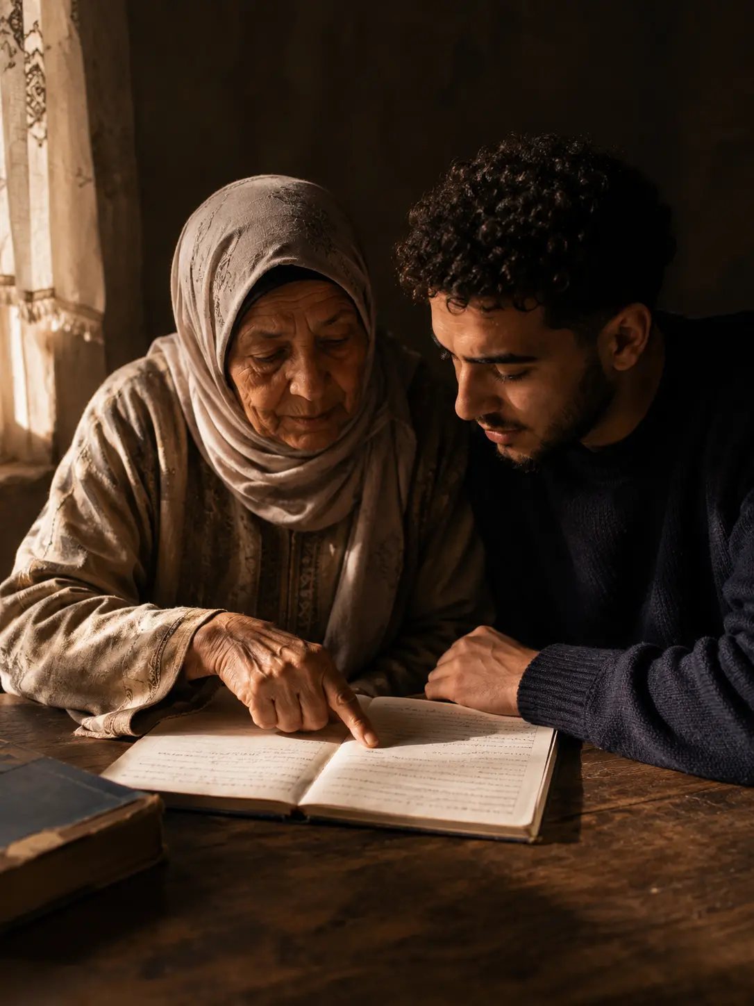 Oudere vrouw en jongere man lezen samen in een schrift