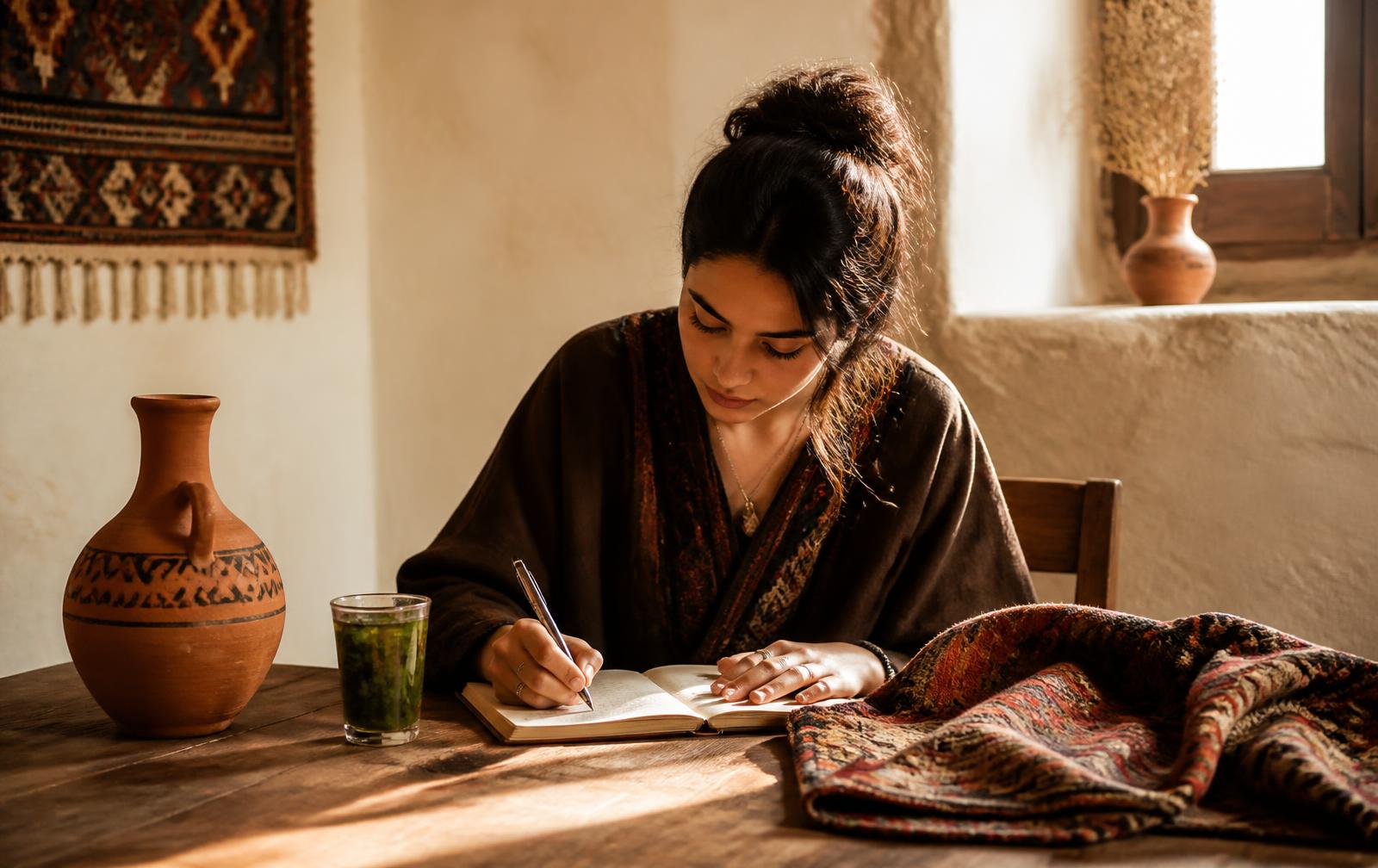 Iemand schrijft aan een tafel met muntthee en Amazigh-textiel
