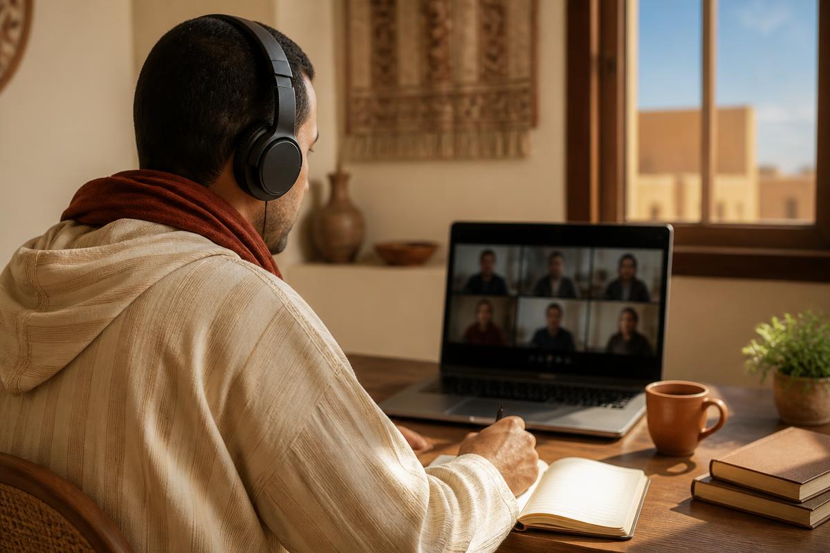 Cursist met koptelefoon volgt een online avondles