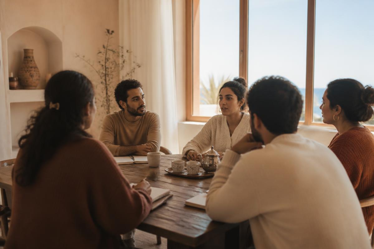 Groep cursisten in gesprek rond een tafel tijdens een les