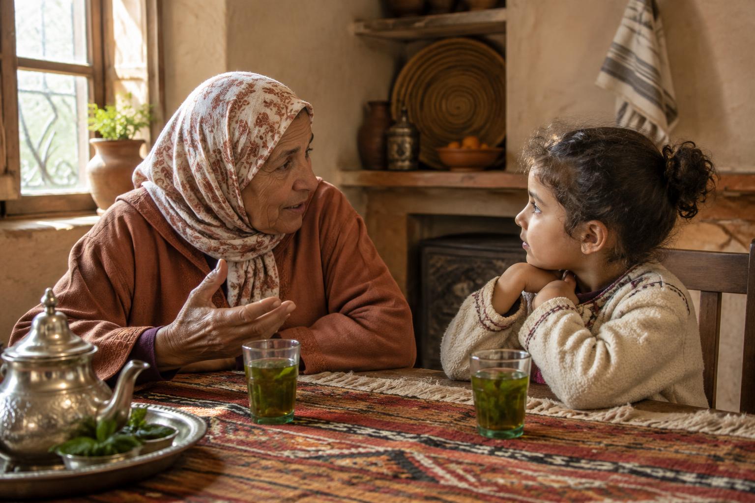 Een oma en een kind in gesprek aan een keukentafel met muntthee