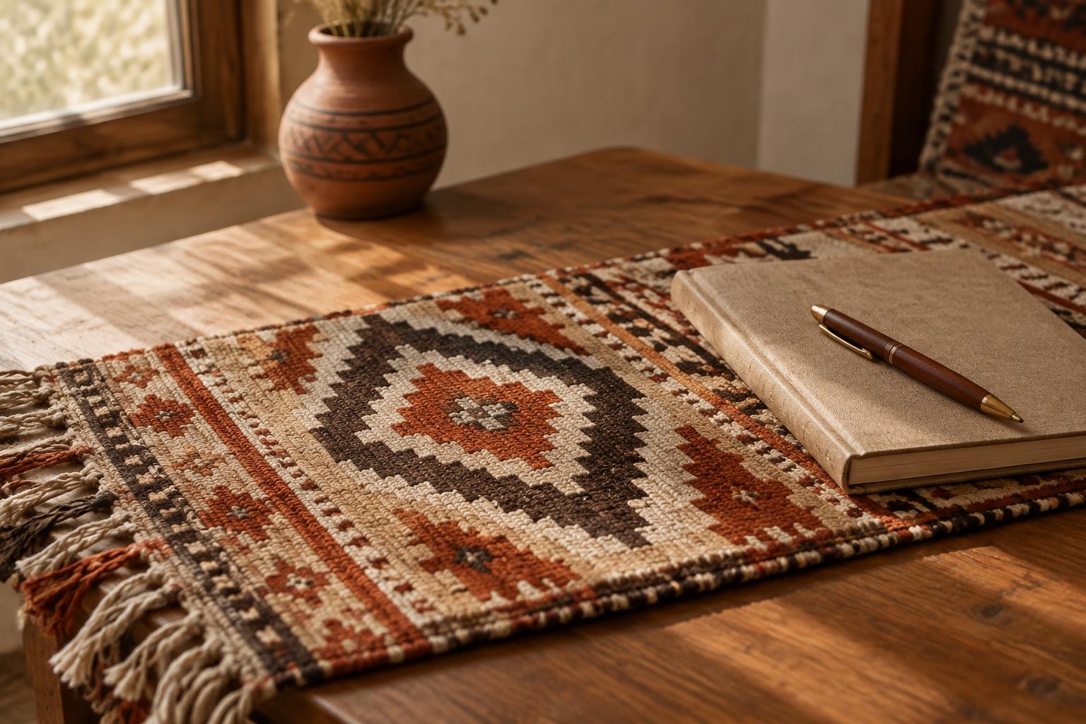 Handgeweven Amazigh-textiel met geometrische patronen en een schrift met pen op een houten tafel
